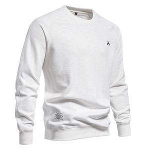 Relaxed white crewneck sweatshirt for men featuring raglan sleeves and a black chest logo