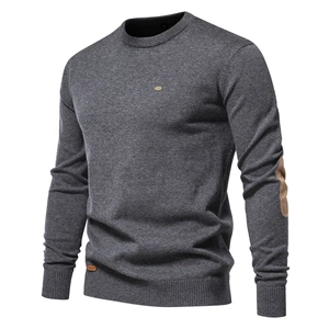 Men's Casual Slim Fit Cotton Blend Knit Sweater Long Sleeve Round Neck Pullover With Elbow Patches Autumn Winter Warm Tops