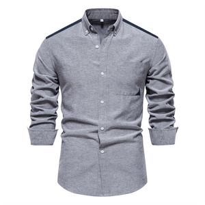 Men's casual grey Oxford shirt with navy color-blocking shoulders and long sleeves