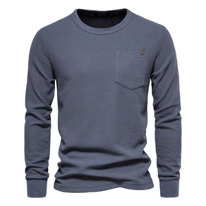 Grey-blue waffle knit long sleeve t-shirt for men with crew neck and chest pocket detail