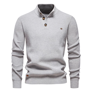 Light gray quarter-button knit sweater for men with high collar and ribbed texture