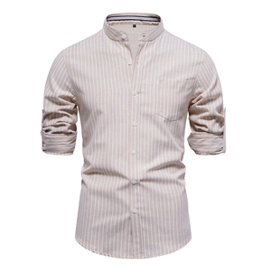 Men's Cotton Stripe Long Sleeve Shirt Stand Collar Casual Business Slim Fit Khaki Vertical Striped Tops