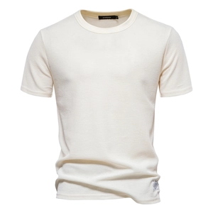 Men's cream waffle knit short sleeve crew neck T-shirt with premium textured fabric