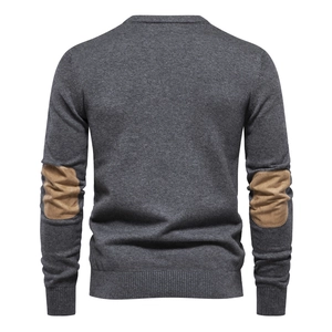 Men's dark grey crewneck sweater with vintage brown elbow patches in a slim fit style