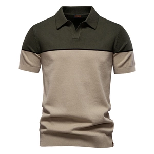 Polo en Tricot pour Hommes Bloc de Couleur Mélange de Viscose Manches Courtes Col à Revers Décontracté Été Respirant