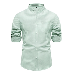 Men's slim fit striped long sleeve linen shirt with stand collar and front pocket