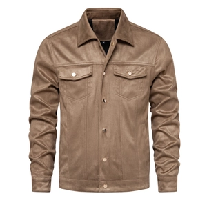 Close-up of brown suede jacket detailing classic collar and metallic button pockets