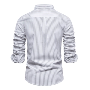 Slim fit men's striped long sleeve shirt in white with black vertical stripes, back view