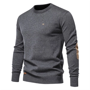 Men's dark grey crew neck knit sweater with khaki elbow patches and ribbed cuffs