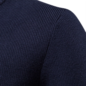Men's navy blue ribbed knit cardigan sweater showing fabric texture and collar detail