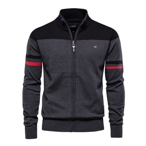 Herren Farbblock Stehkragen Reißverschluss Strickjacke Baumwollmischung Gestreifte Ärmel Gerippter Saum Lässiges Oberteil