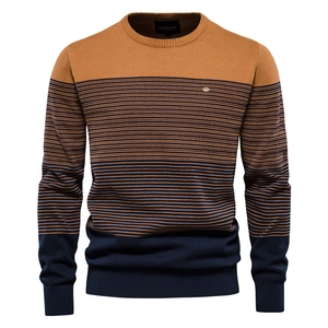 Pull en Tricot de Coton pour Hommes Col Rond Coupe Ajustée Manches Longues Rayé Bloc de Couleur Décontracté Automne Hiver