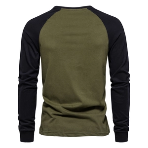 Mens long sleeve raglan sleeve T-shirt with army green body and black contrast sleeves