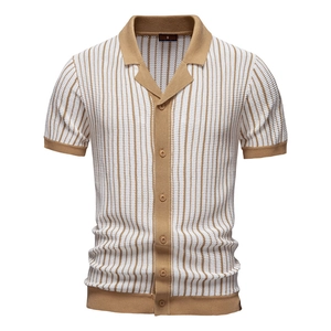 Polo da Uomo a Righe in Maglia a Manica Corta in Misto Viscosa Traforata Casual Business Moda Estiva Maglieria Leggera
