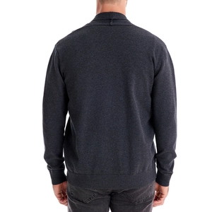 Men's business casual dark grey cardigan sweater with high quality ribbed cuffs back view