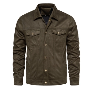Men's olive green slim-fit lapel jacket with front buttons and chest pockets