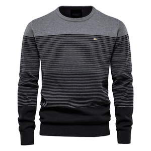 Pull en maille rétro pour hommes à col rond et rayures, style patchwork gris et noir