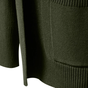 Men's dark army green knit cardigan sweater with ribbed edges and functional pockets