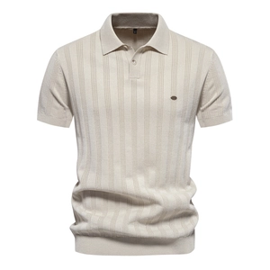 Men's European Size Knit Viscose Polo Shirt Loose Fit Vertical Ribbed Washed Short Sleeve Lapel Solid Casual Top