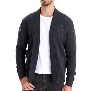 Men's casual dark grey cardigan sweater with patch pockets and long sleeves for autumn