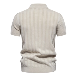 Men's vertical ribbed knit polo shirt in apricot beige with a classic collar and short sleeves