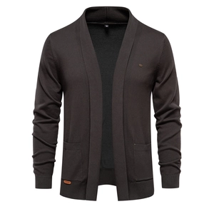 Men's dark knit cardigan sweater with shawl collar and symmetrical front pockets