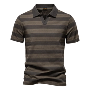 Herren Kurzarm Polo-Shirt mit Streifen und V-Ausschnitt aus strukturiertem Gewebe