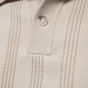 Men's light beige knitted Polo sweater with vertical stripe texture and single button