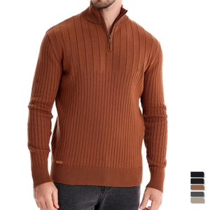 Men's quarter-zip ribbed knit sweater in caramel brown with stand collar and ribbed texture