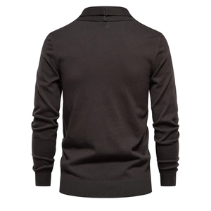 Men's premium knit cardigan in dark brown with shawl collar and ribbed cuffs back view
