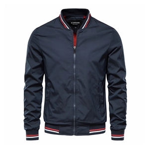 Men's Casual Bomber Jacket Stand Collar Windproof Polyester Outerwear Sporty Stripe Ribbed Trim Full Zip Lightweight Coat