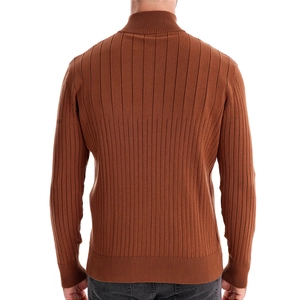 Men's rust brown ribbed knit sweater featuring a stylish stand collar and slim fit design