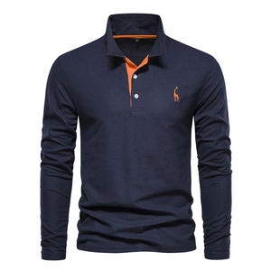 Polo à Manches Longues pour Hommes Brodé Animal Col Contrasté Mélange de Coton Respirant Décontracté Mode Urbaine Top pour Hommes