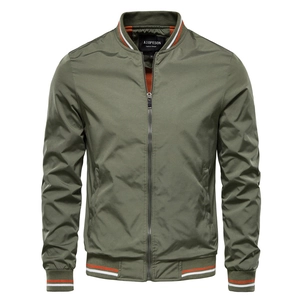 Men's olive green bomber jacket with orange striped ribbed cuffs and metallic zipper