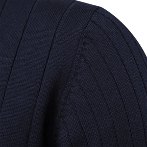 Men's navy blue half-zip sweater featuring high-quality vertical rib-knit texture detail