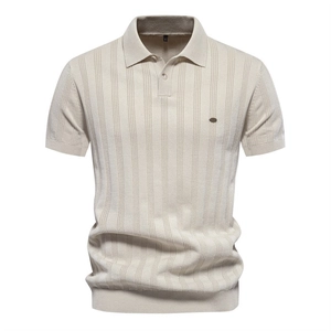 Men's light beige short sleeve knitted polo shirt with textured vertical stripe pattern