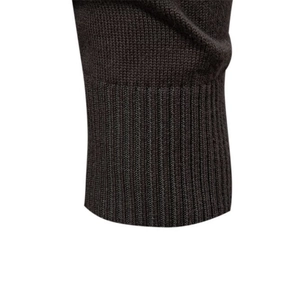 Close-up of ribbed cuffs on a premium dark brown business knit cardigan for men