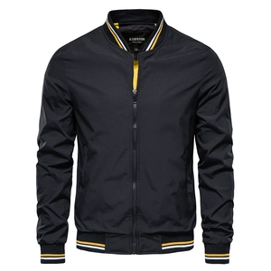 Men's black bomber jacket with striped ribbed collar and sporty urban casual style