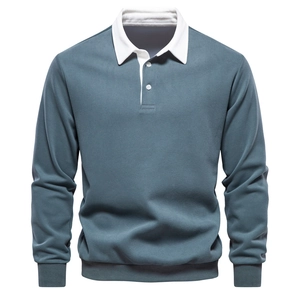 Men's grey-blue long sleeve Polo sweatshirt with white contrast collar and ribbed cuffs
