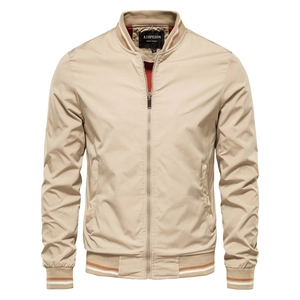 Men's khaki bomber jacket with baseball collar and striped ribbed cuffs for casual wear