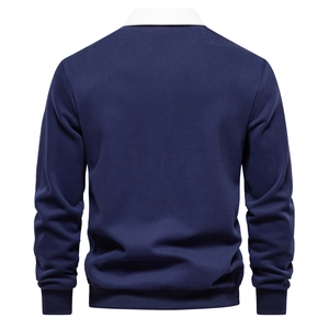 Navy blue men's long-sleeve polo sweatshirt with white contrast collar and ribbed cuffs