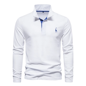 Polo à manches longues pour homme en coton blanc avec broderie cerf et col contrasté