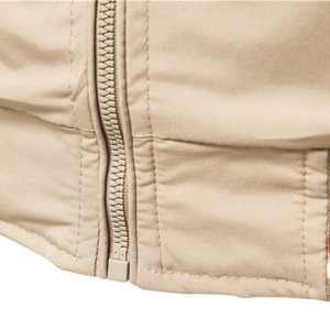 Men's khaki casual jacket featuring smooth zipper detail and durable plain weave fabric