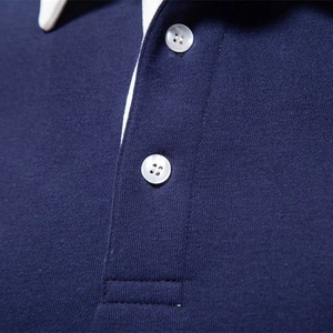 Men's dark blue long sleeve polo sweatshirt with white collar trim and pearl buttons