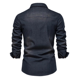 Men's slim fit long sleeve denim shirt in dark indigo blue with vintage washed back detail