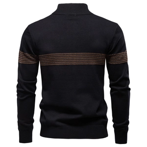 Men's half-zip black knit sweater with brown geometric pattern on back and sleeves
