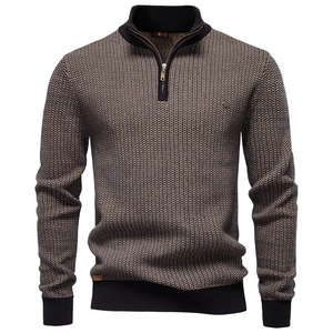 Pull Chaud et Épais pour Hommes avec Col Montant et Demi Fermeture Éclair Tricot en Coton Texturé Coupe Ajustée Décontractée
