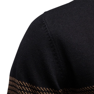 Men's half-zip knit sweater in black with brown geometric jacquard texture details