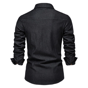 Slim fit men's long sleeve denim shirt in dark grey with classic collar and metal buttons