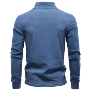 Navy blue men's quarter-zip sweatshirt with stand collar and ribbed cuffs back view